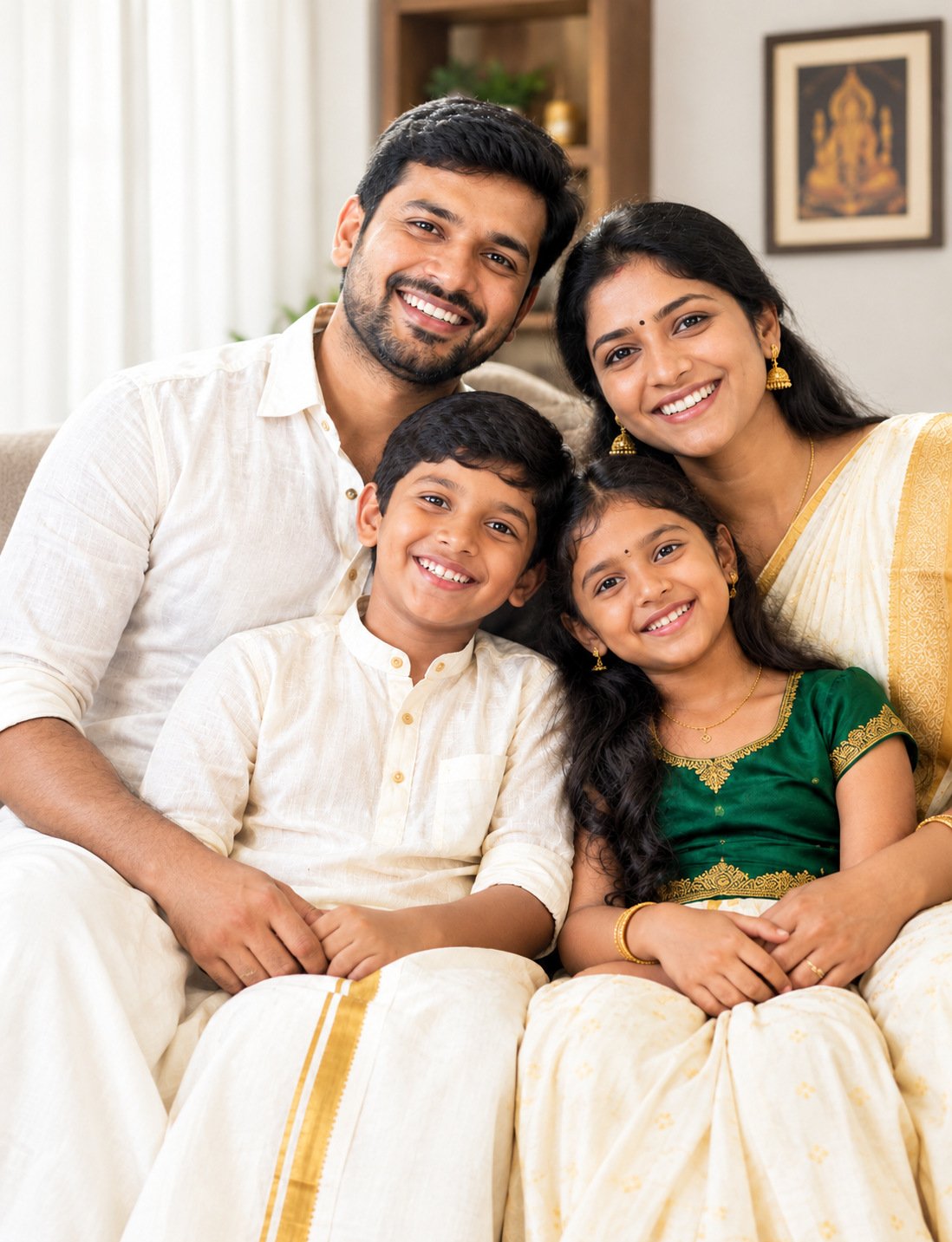 Happy South Indian family protected by insurance