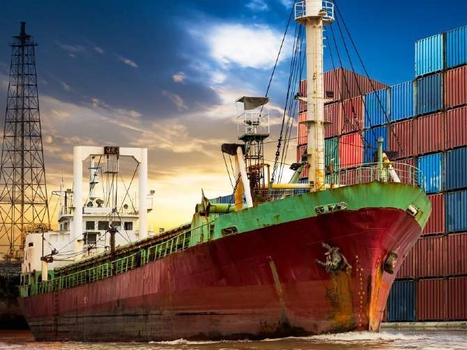 Cargo ship at a container port